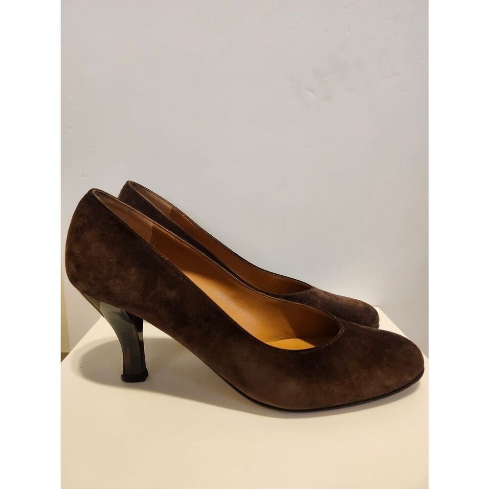 Salvatore Ferragamo Rich Brown Suede Round Toe Tortoise Heel Pumps Sz. 9.5 $650 - Picture 7 of 11